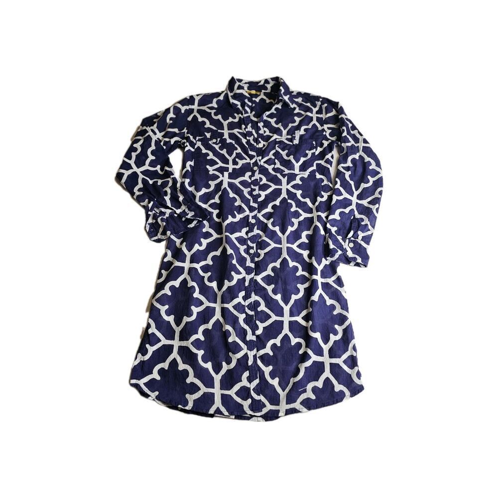 Roberta Roller Rabbit Shirt Dress Womens S Blue White Geometric Coastal Boho